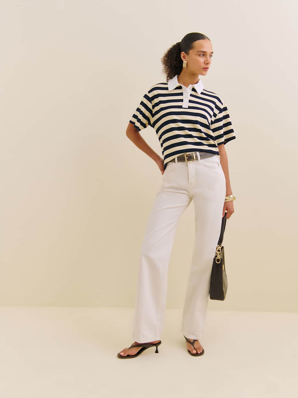 Reformation Jean Knit Shirt - Cream And Navy Stripe