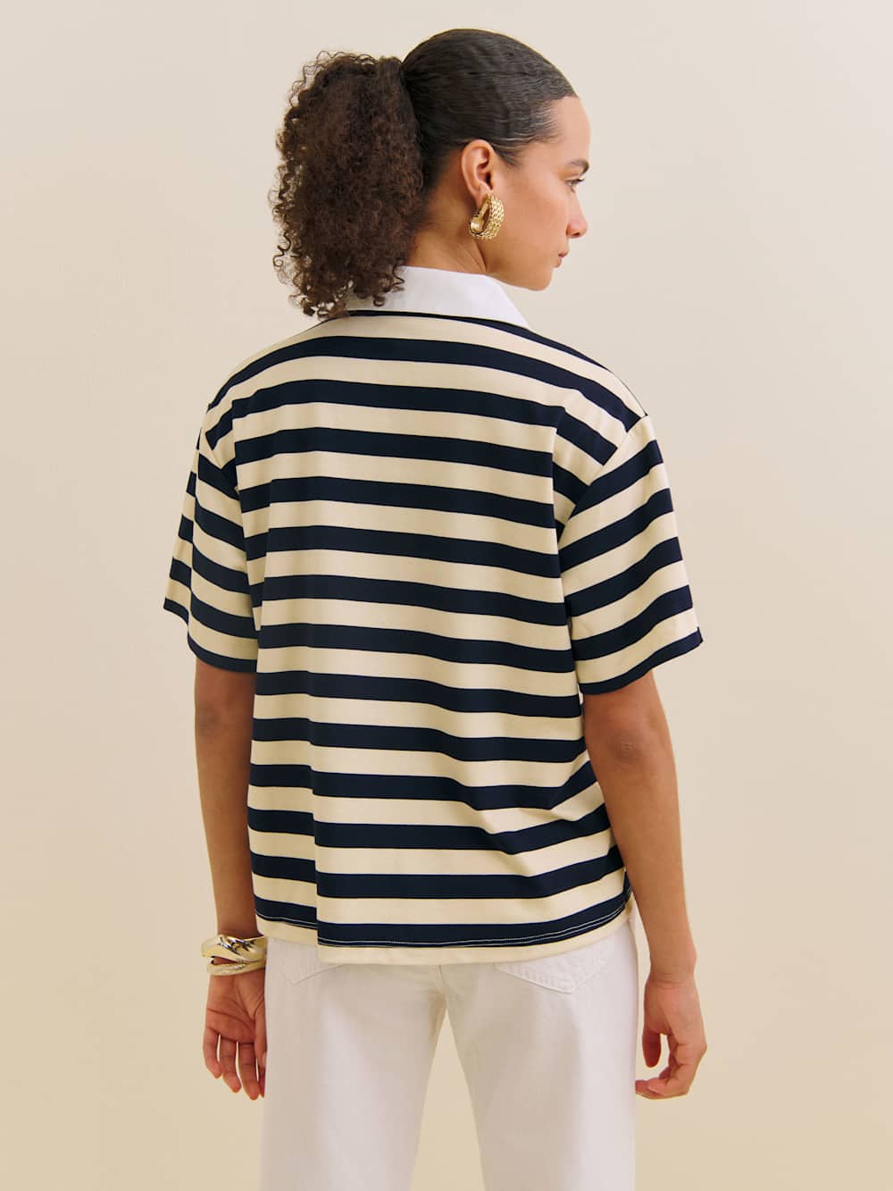 Reformation Jean Knit Shirt - Cream And Navy Stripe