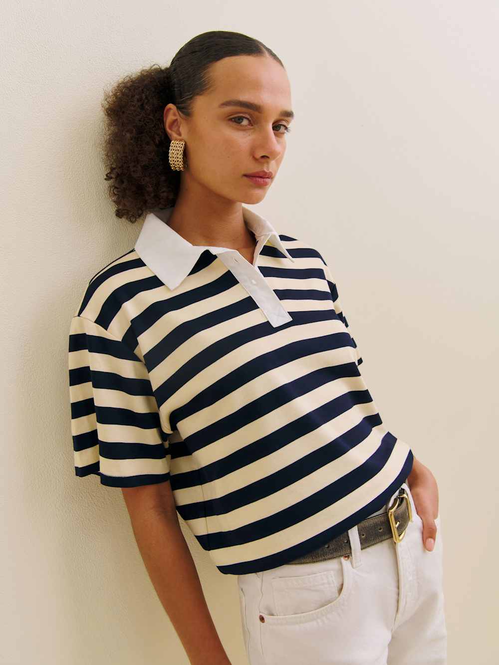 Reformation Jean Knit Shirt - Cream And Navy Stripe