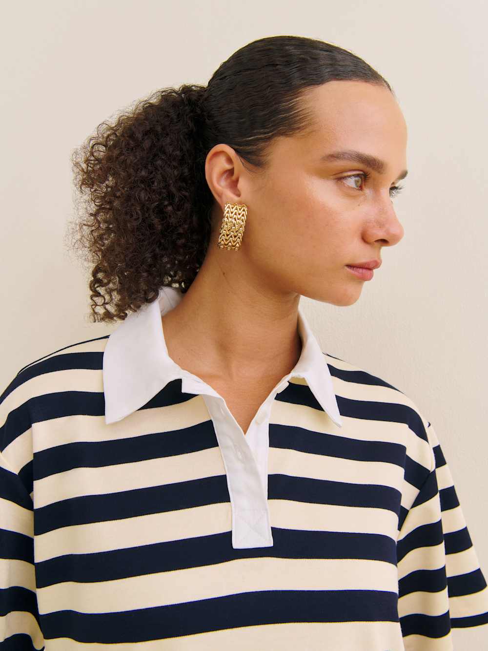 Reformation Jean Knit Shirt - Cream And Navy Stripe