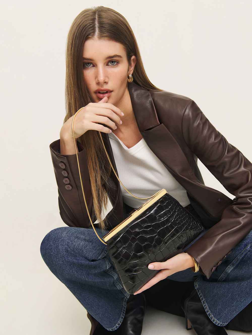 Reformation Iliana Shoulder Bag - Black Croc Emboss