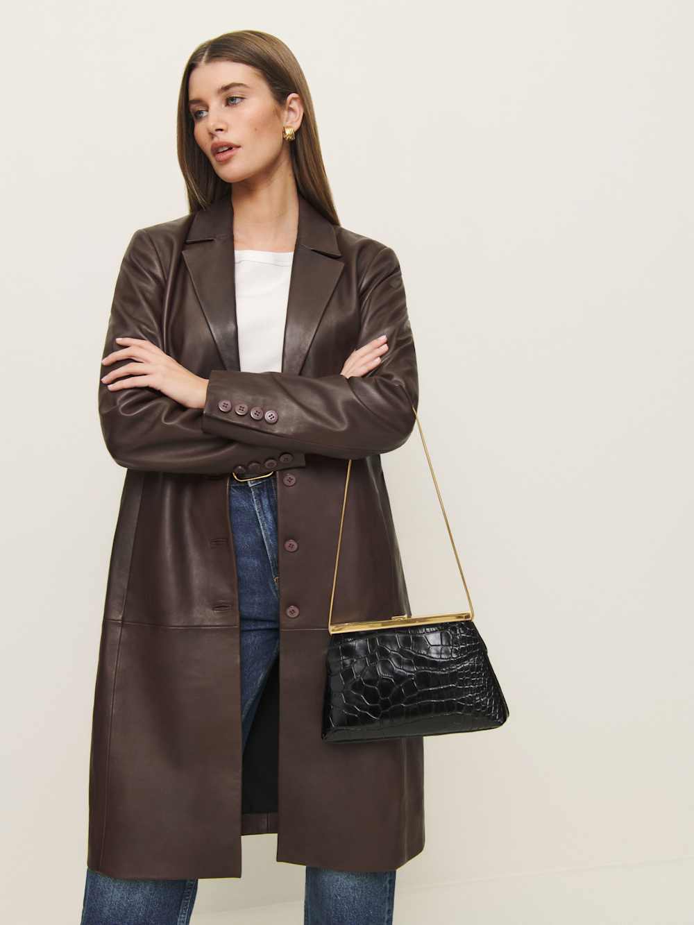 Reformation Iliana Shoulder Bag - Black Croc Emboss