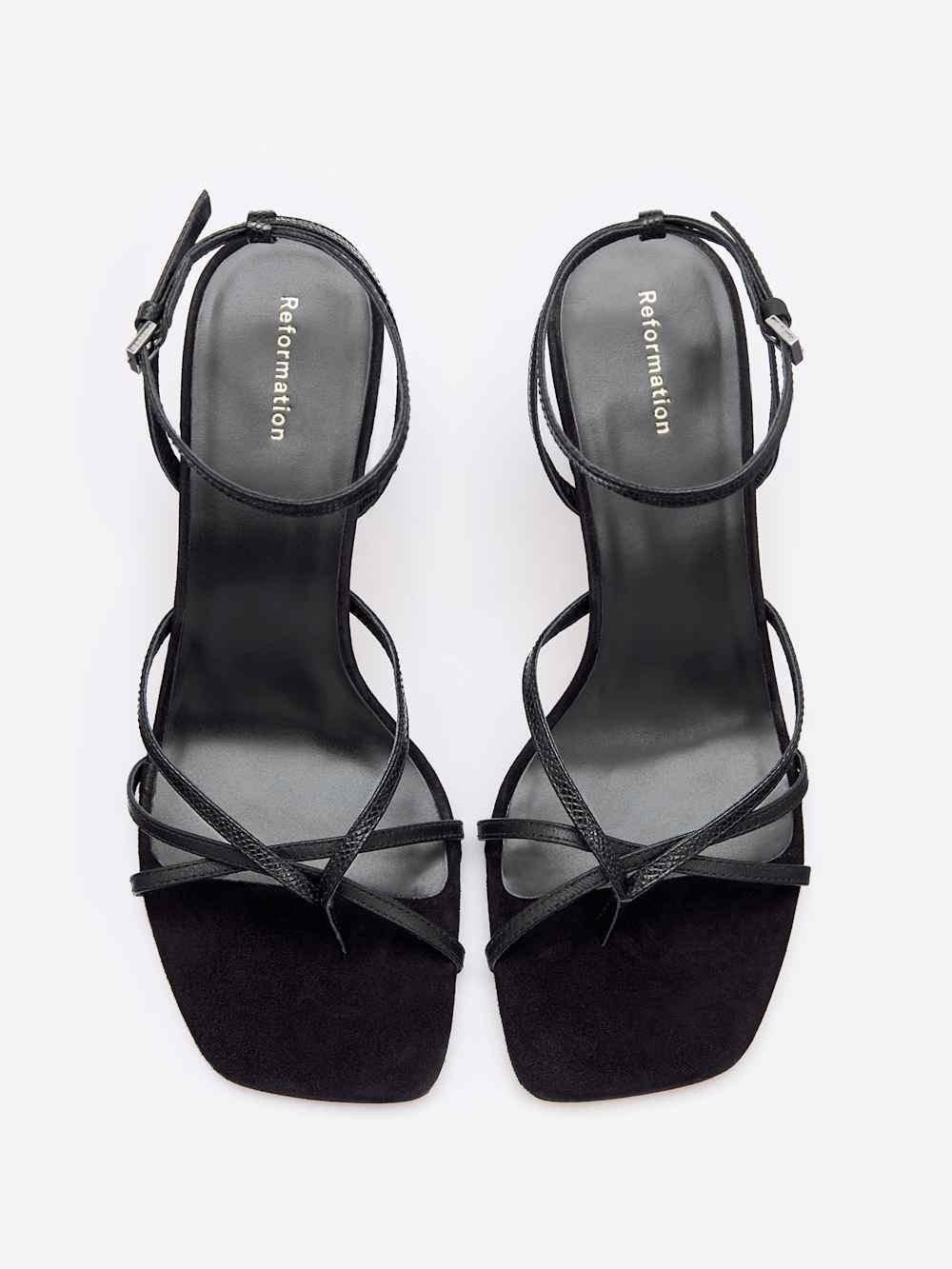 Reformation Gen Heeled Sandal - Black Snake Suede