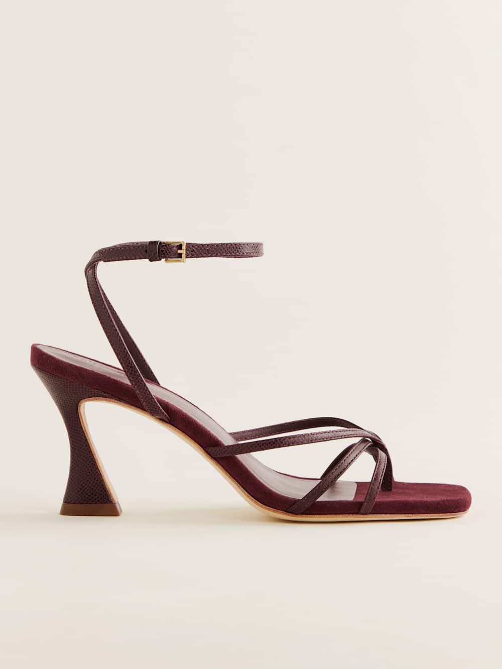 Reformation Gen Heeled Sandal - Wine Snake Suede
