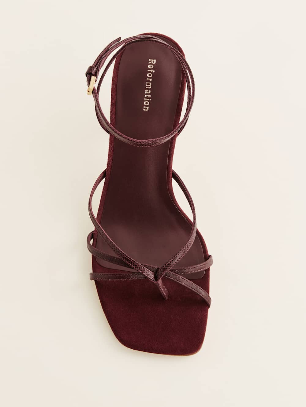 Reformation Gen Heeled Sandal - Wine Snake Suede