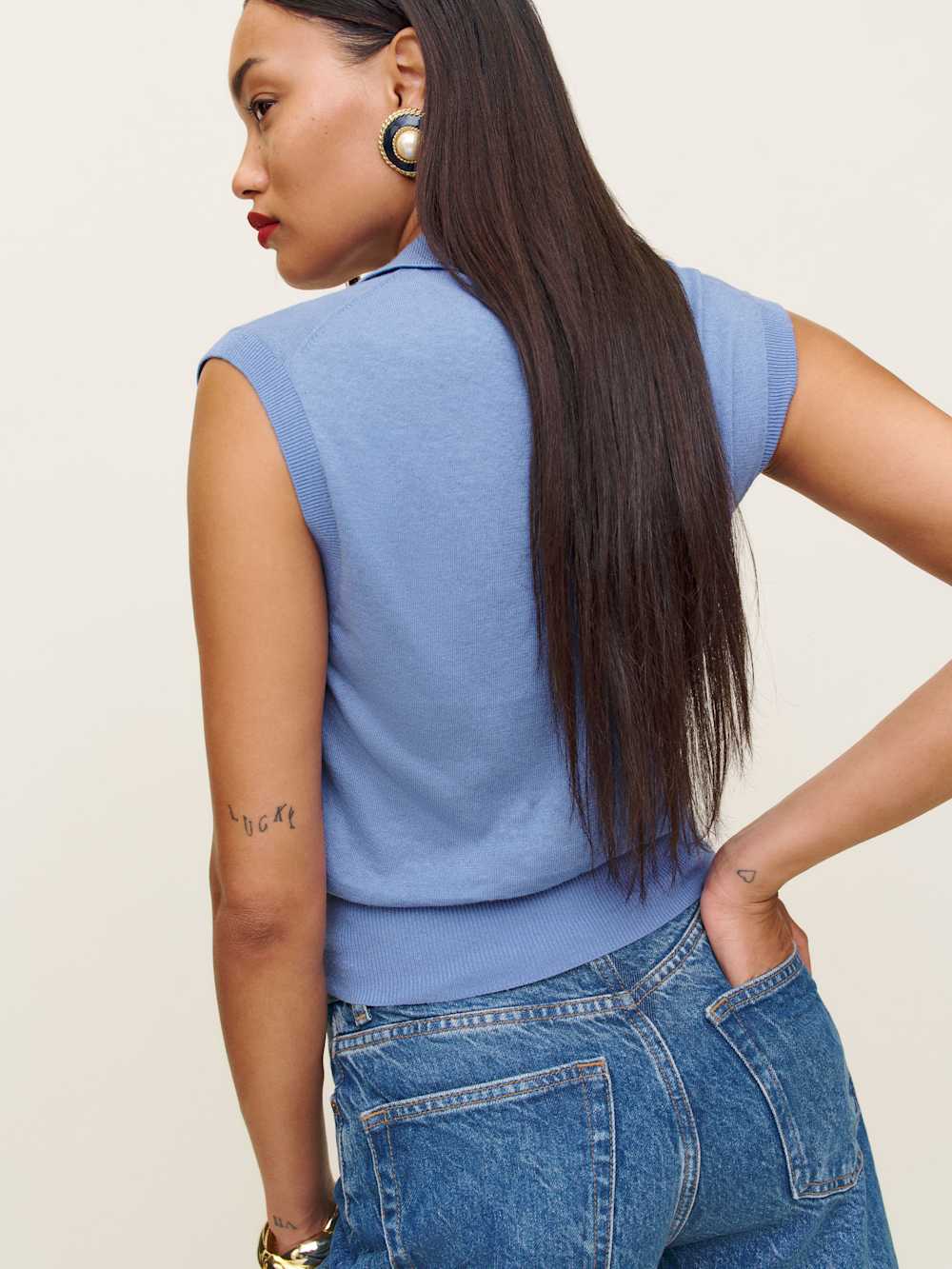 Reformation Carrie Linen Cotton Polo - Blue Moon