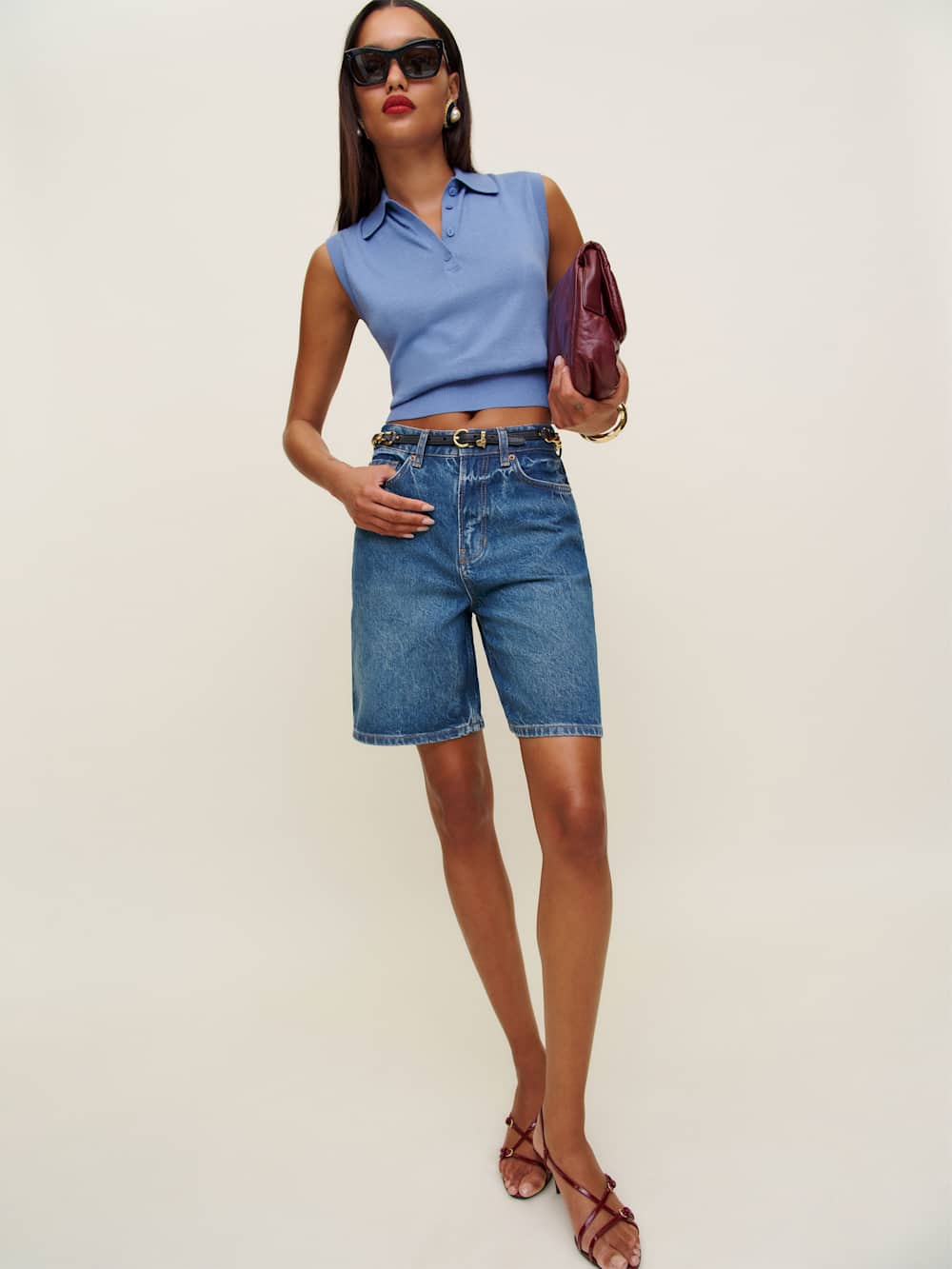Reformation Carrie Linen Cotton Polo - Blue Moon
