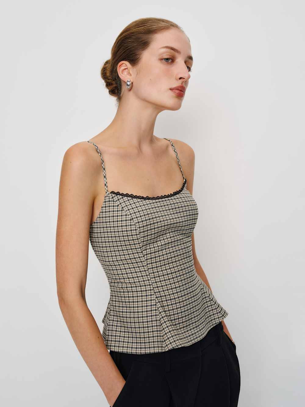 Reformation Genevieve Top - Beige And Black Check