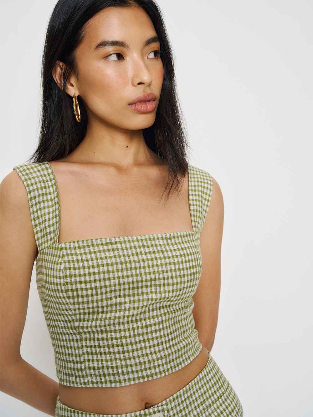 Reformation Jasmine Linen Top - Avocado Check