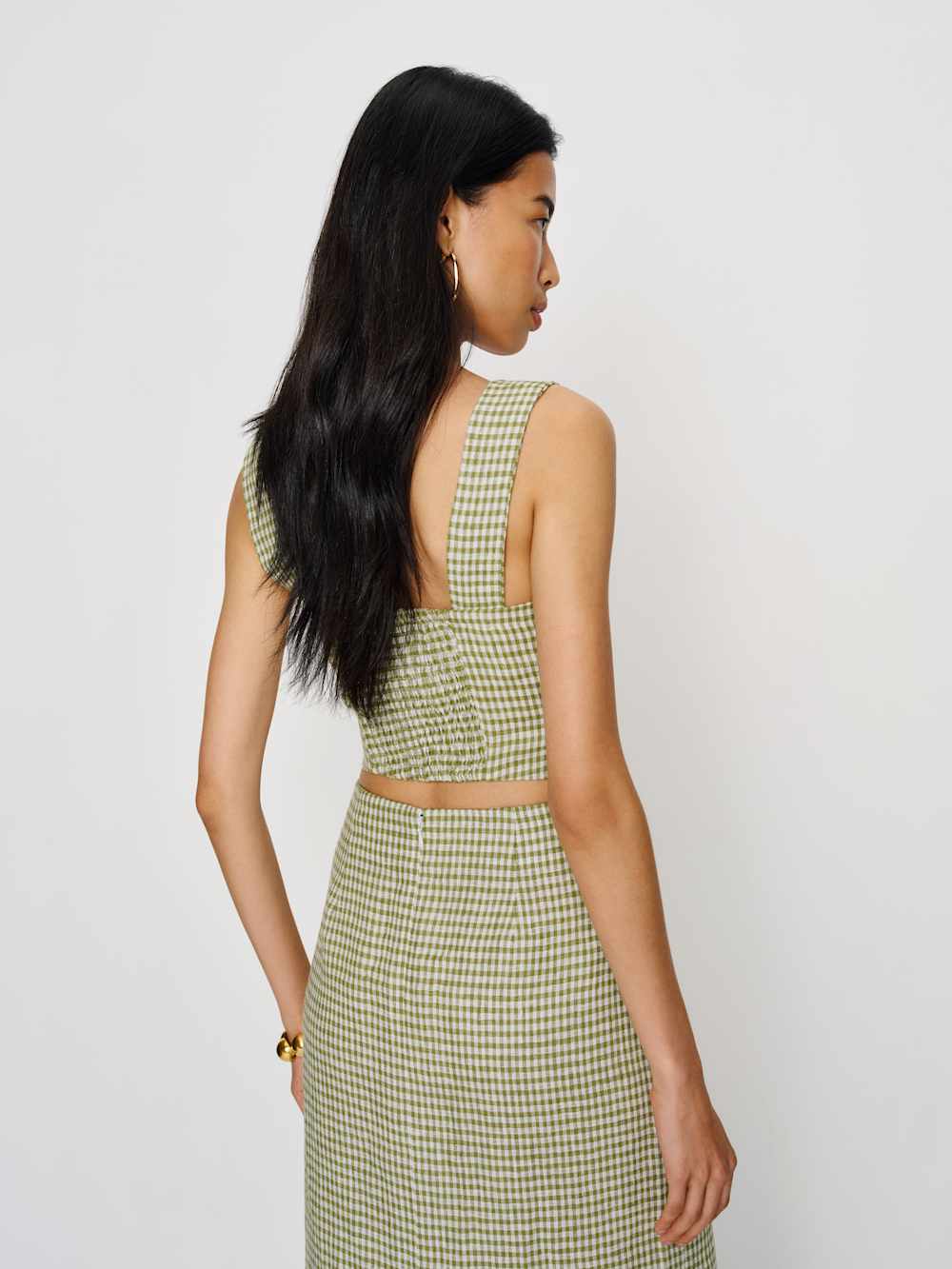 Reformation Jasmine Linen Top - Avocado Check