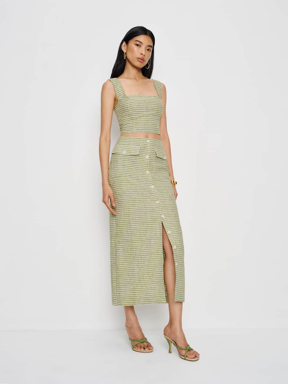 Reformation Britt Linen Skirt - Avocado Check