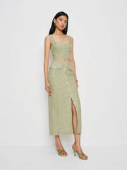 Reformation Britt Linen Skirt - Avocado Check