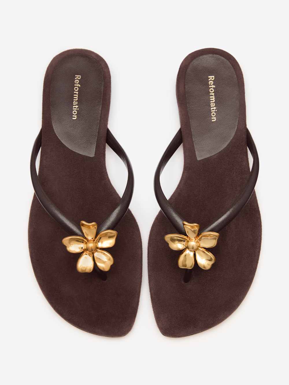 Reformation Onyx Thong Sandal - Espresso Suede Flower