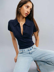 Reformation Bentley Cotton Polo Sweater - Navy