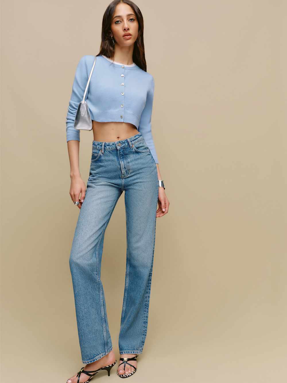 Reformation Janie Cashmere Crew Cardigan - Ice Water