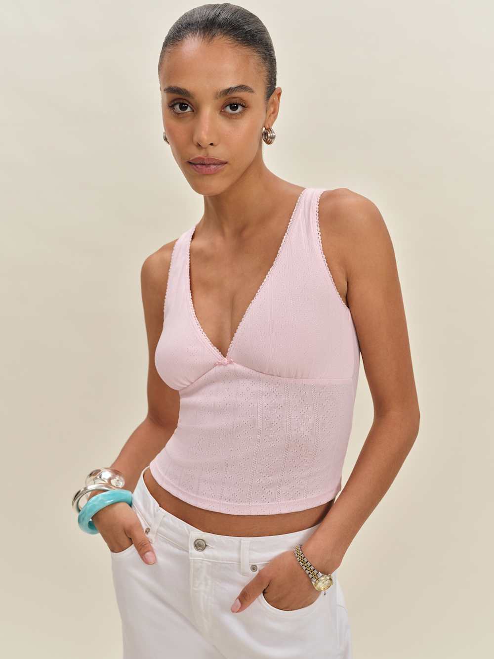 Reformation Rue Pointelle Knit Top - Cherry Blossom