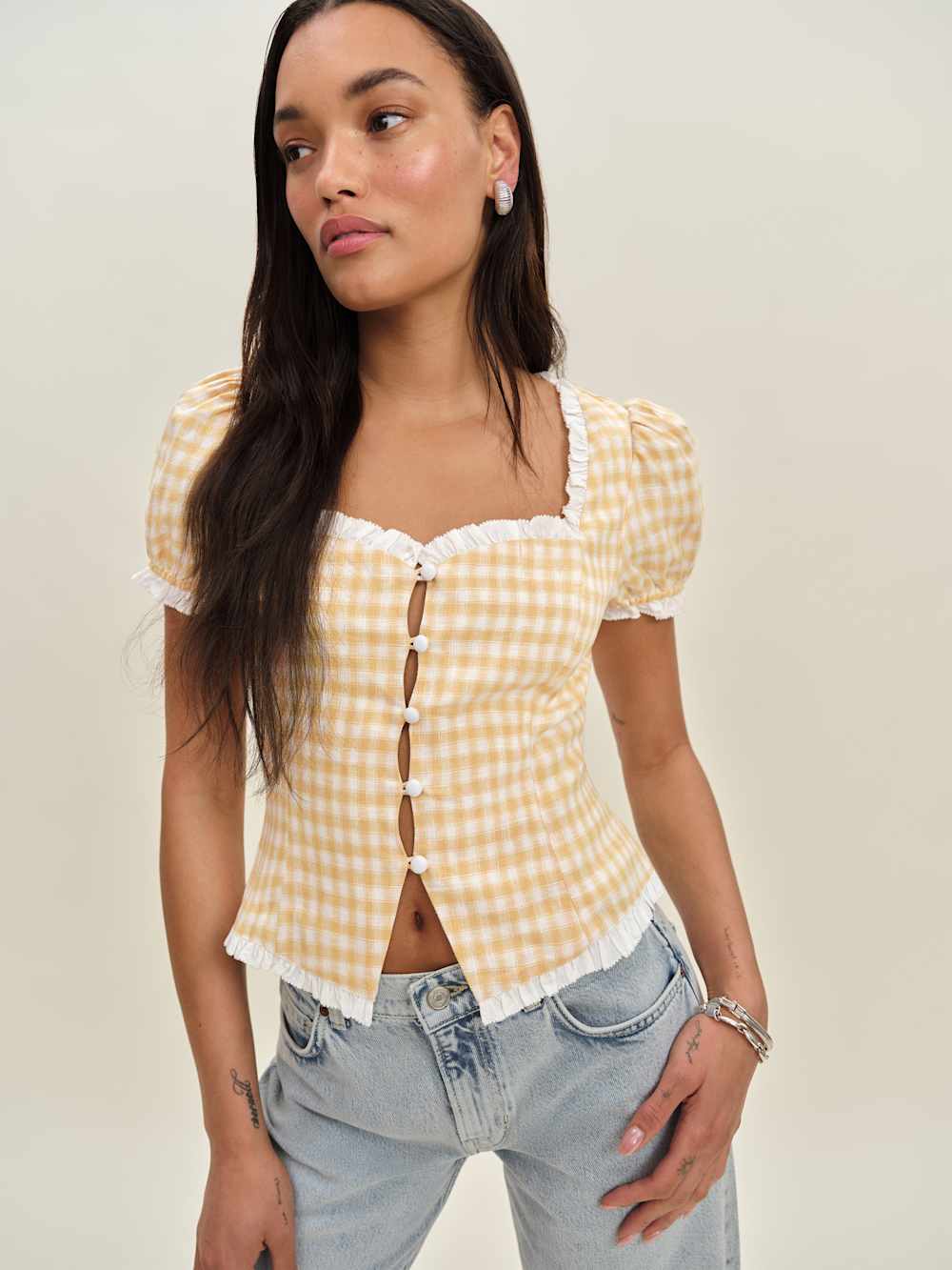 Reformation Rosemary Linen Top - Sunshine Check