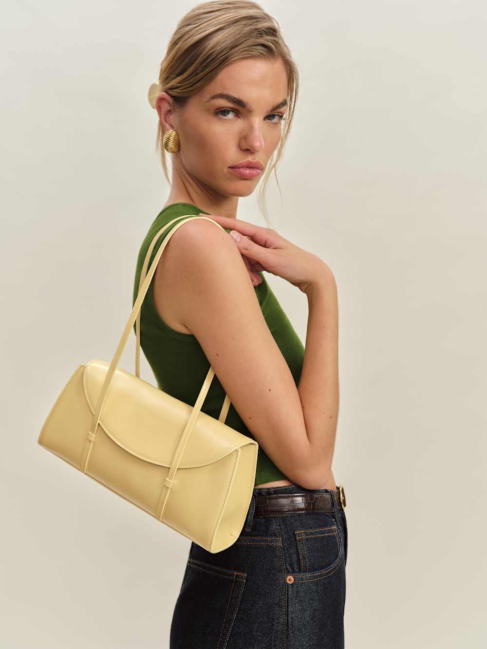 Reformation Elena Shoulder Bag - Lemon Custard Leather