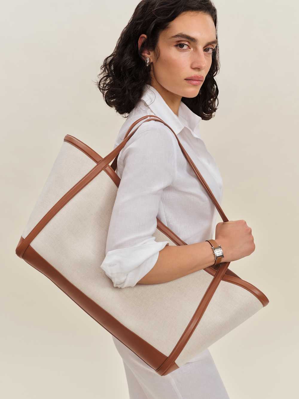 Reformation Evangeline Tote Bag - Canvas Tan Leather
