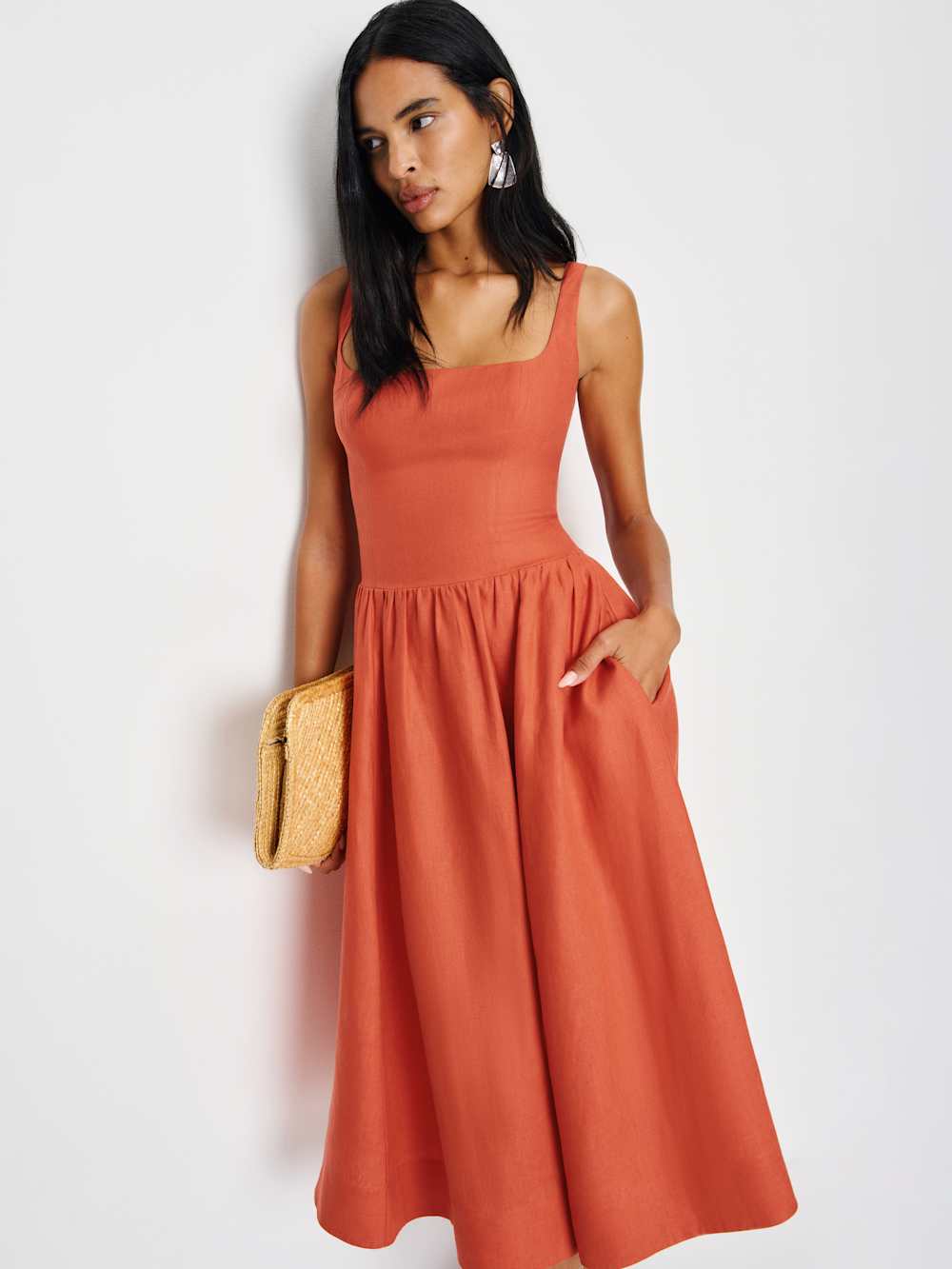 Reformation Janu Linen Dress - Red Coral