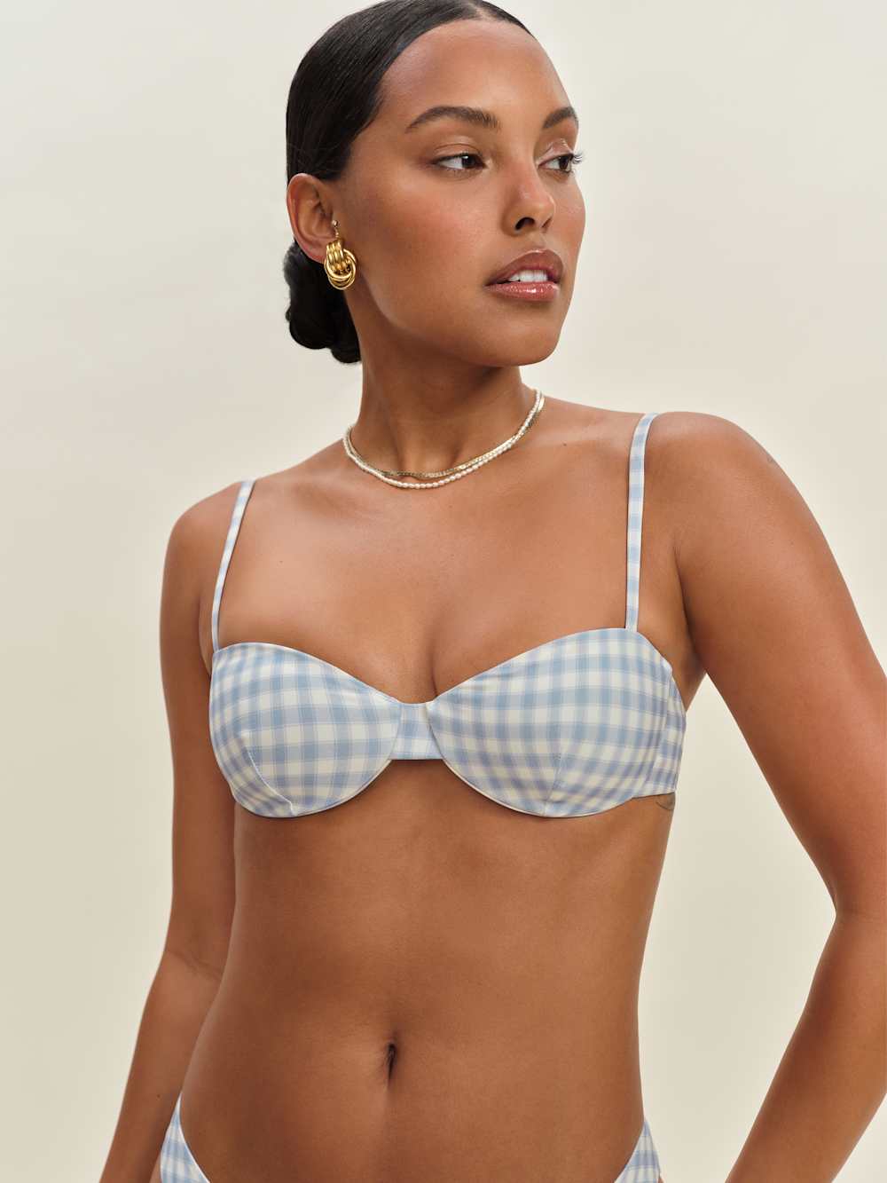 Reformation Makena Bikini Top - Crystal Check White