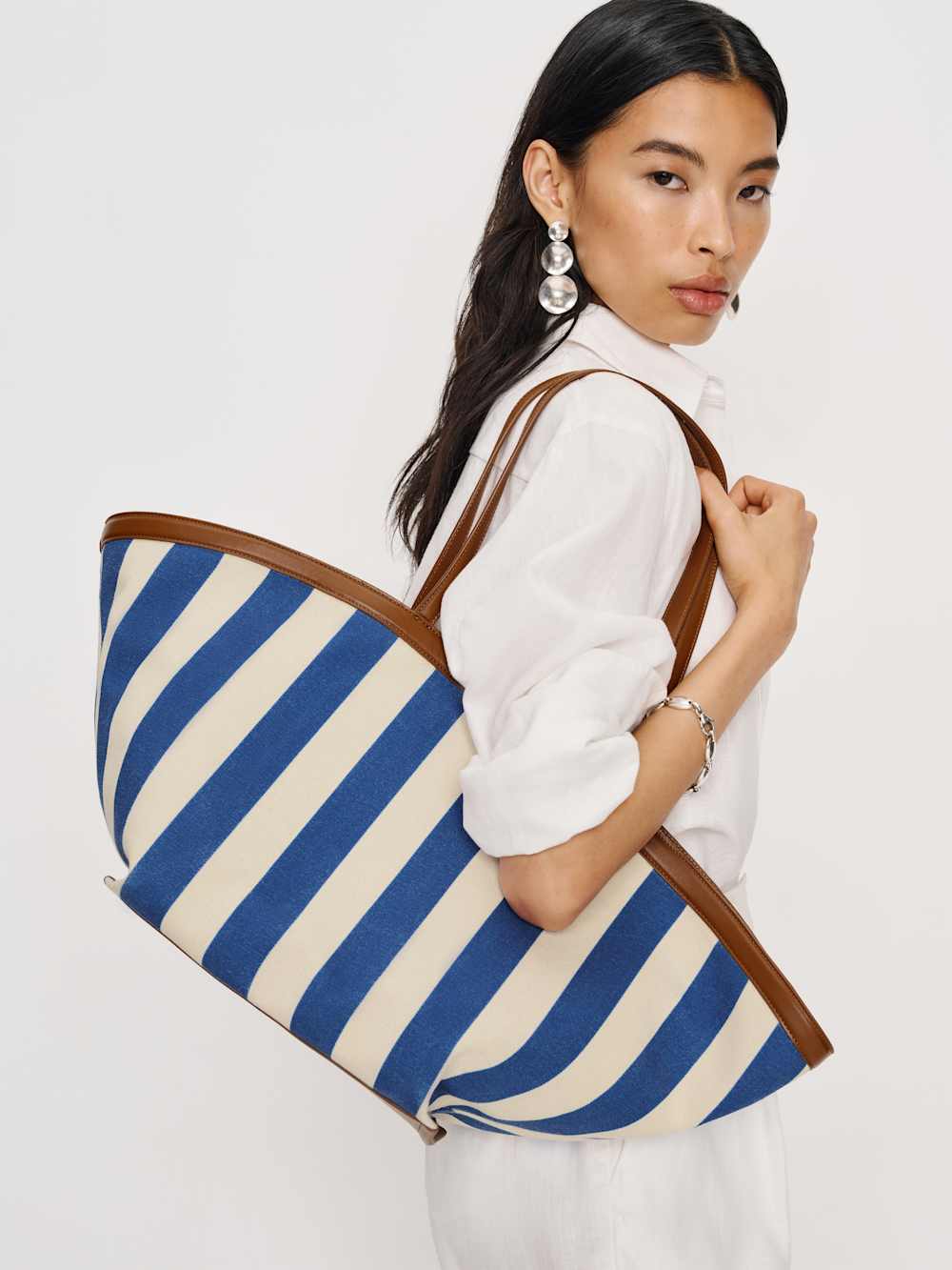 Reformation Lucia Tote Bag - Cassis Blue Stripe Canvas