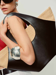 Reformation Siena Top Handle Tote - Black Leather Natural Raffia