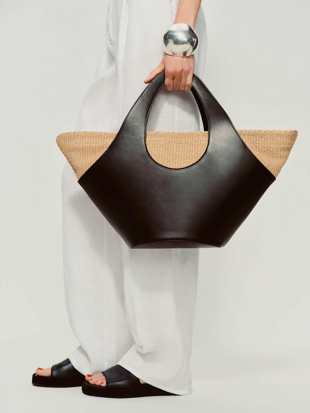 Reformation Siena Top Handle Tote - Black Leather Natural Raffia