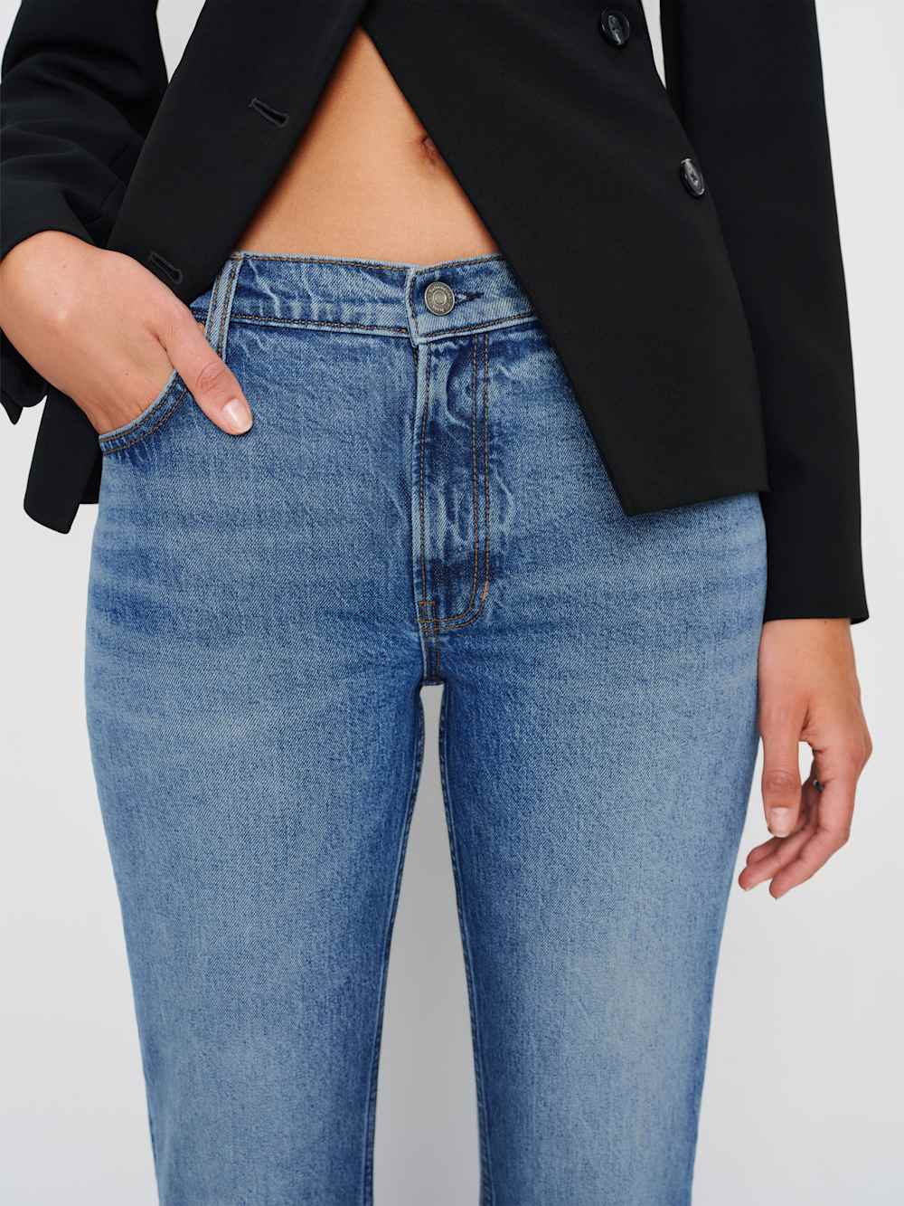 Reformation Sharon Stretch Mid Rise Bootcut Jeans - Malombe Let Down Hem