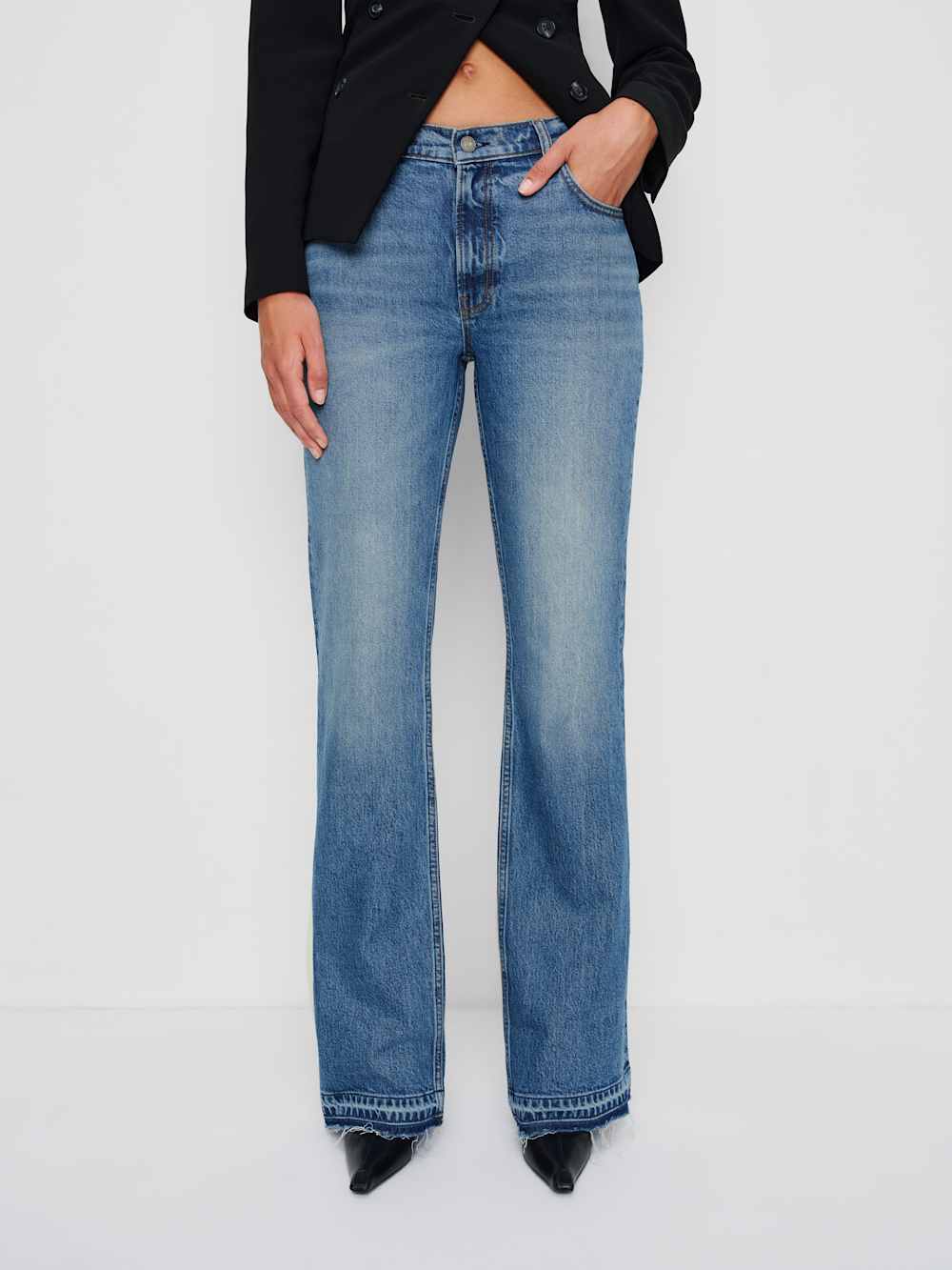 Reformation Sharon Stretch Mid Rise Bootcut Jeans - Malombe Let Down Hem