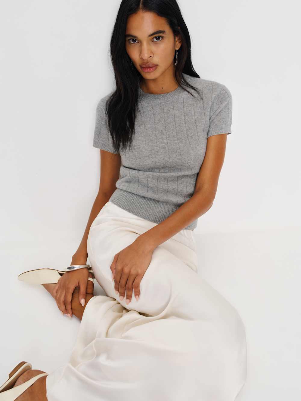 Reformation Darcy Cashmere Tee - Ribbed Granite