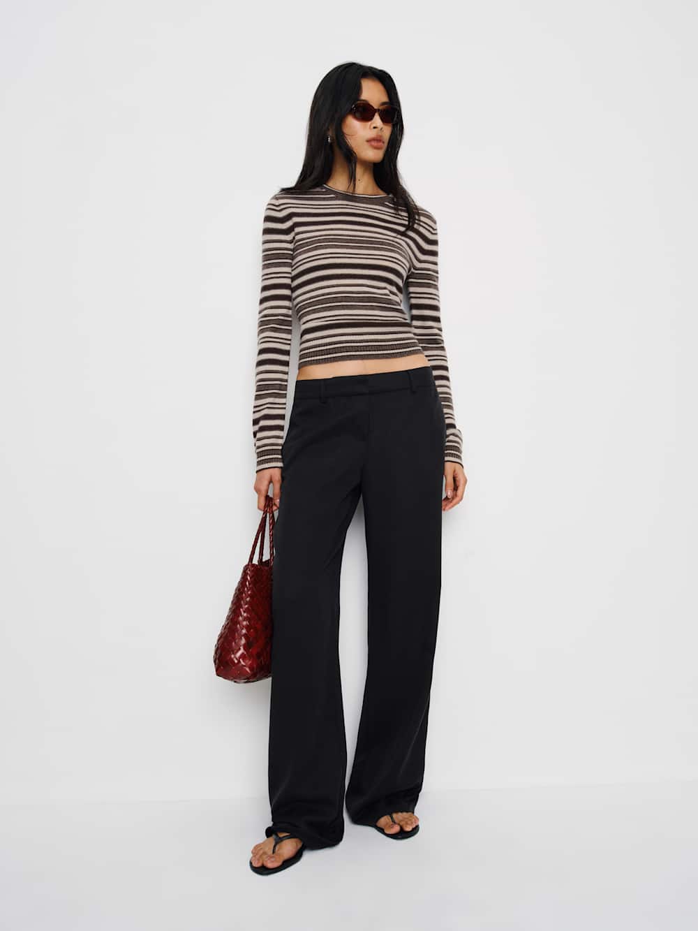 Reformation Lian Cashmere Crew Sweater - Brown Multi Stripe
