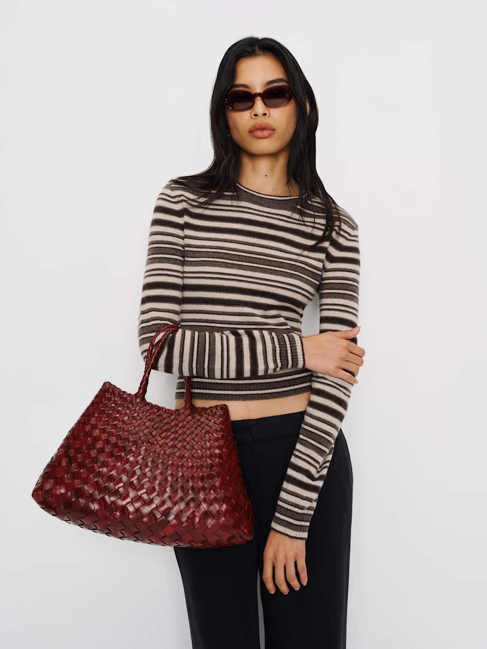 Reformation Lian Cashmere Crew Sweater - Brown Multi Stripe
