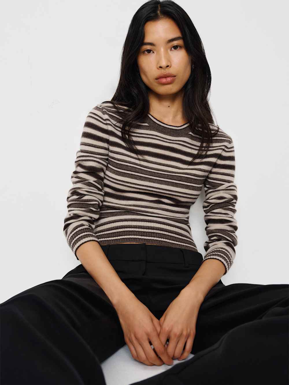 Reformation Lian Cashmere Crew Sweater - Brown Multi Stripe