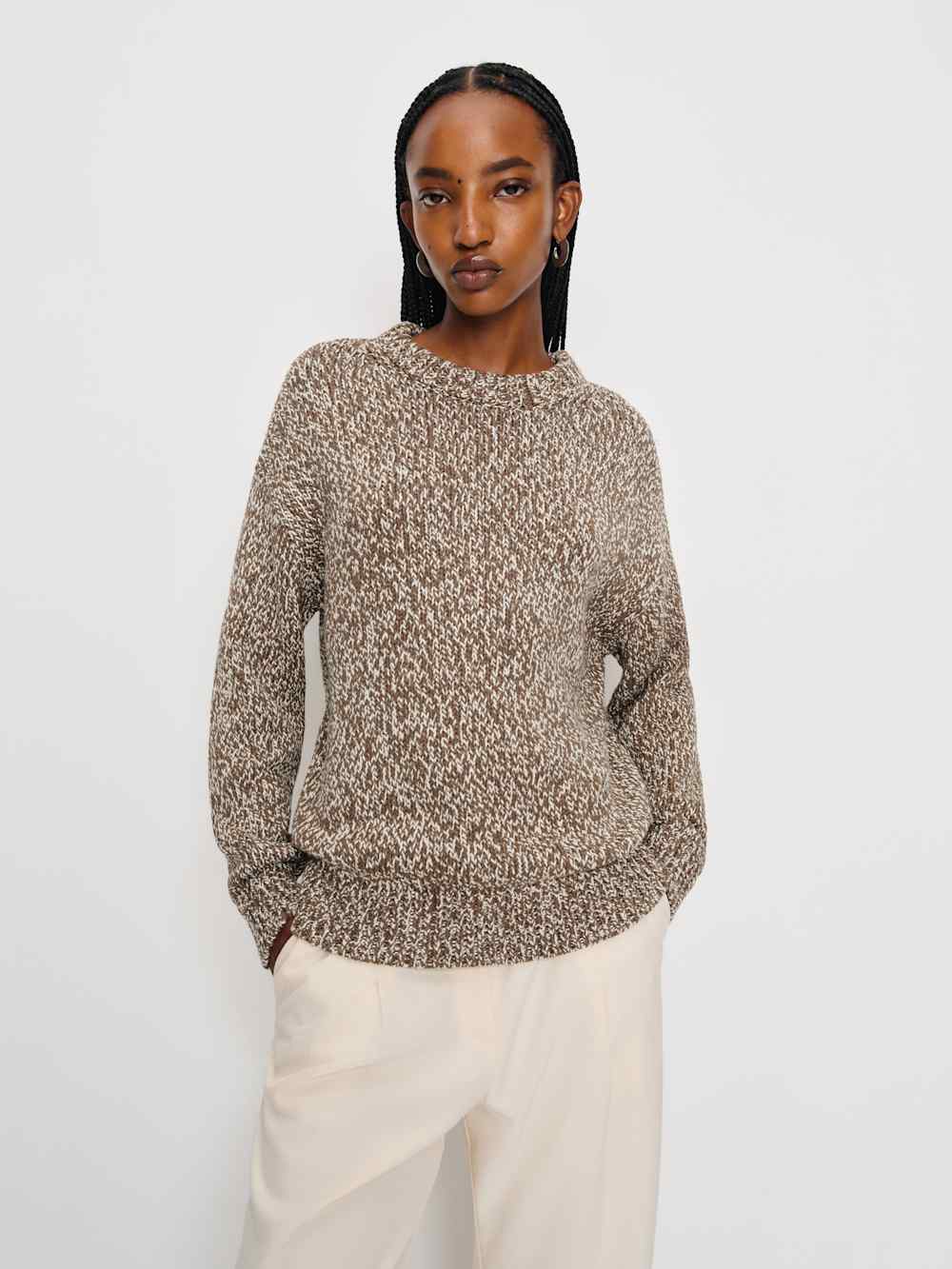 Reformation Finley Oversized Cotton Crew - Shitake Fior Di Latte Marl