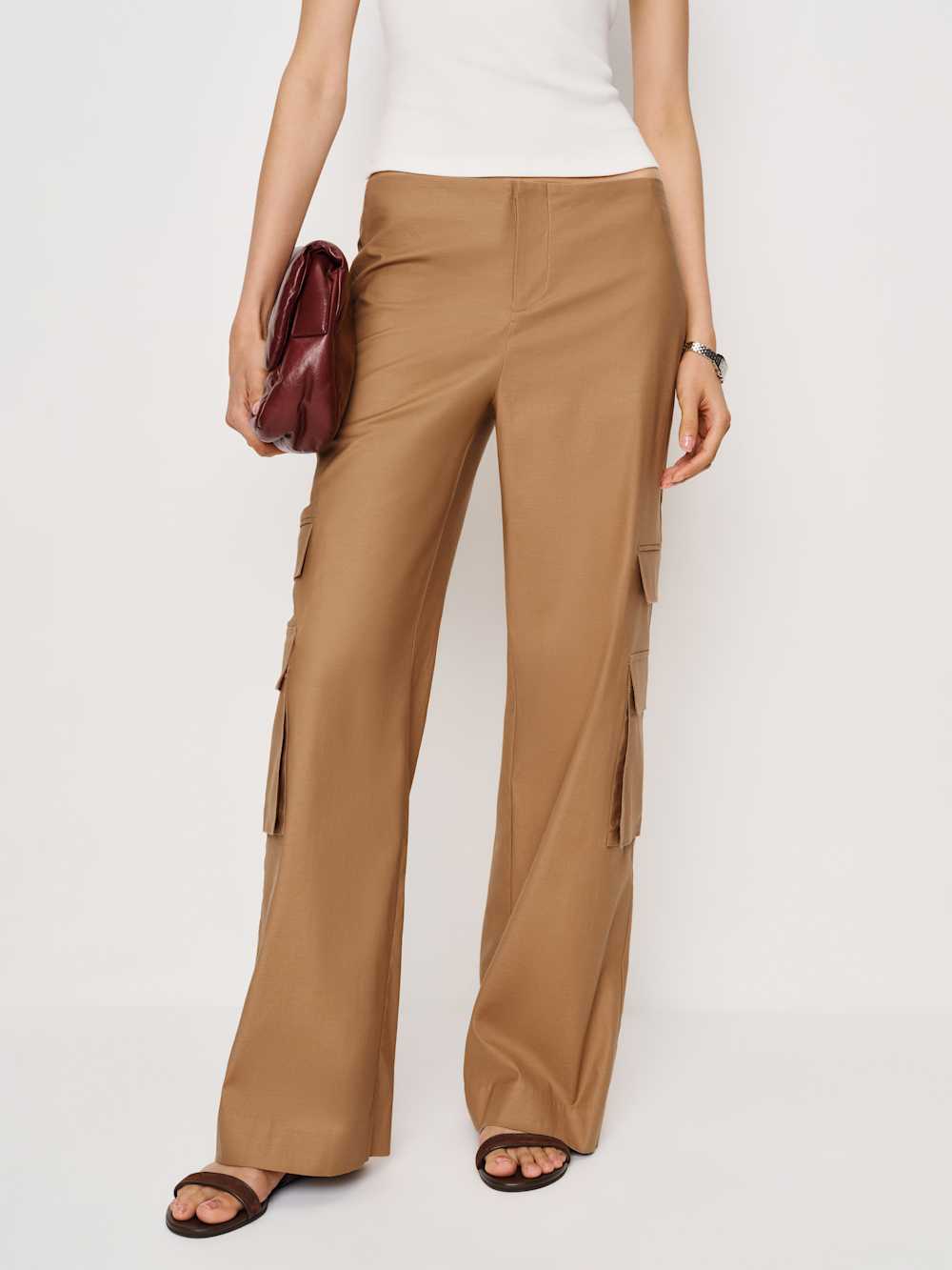 Reformation Vida Poplin Low Rise Cargo Pant - Peanut