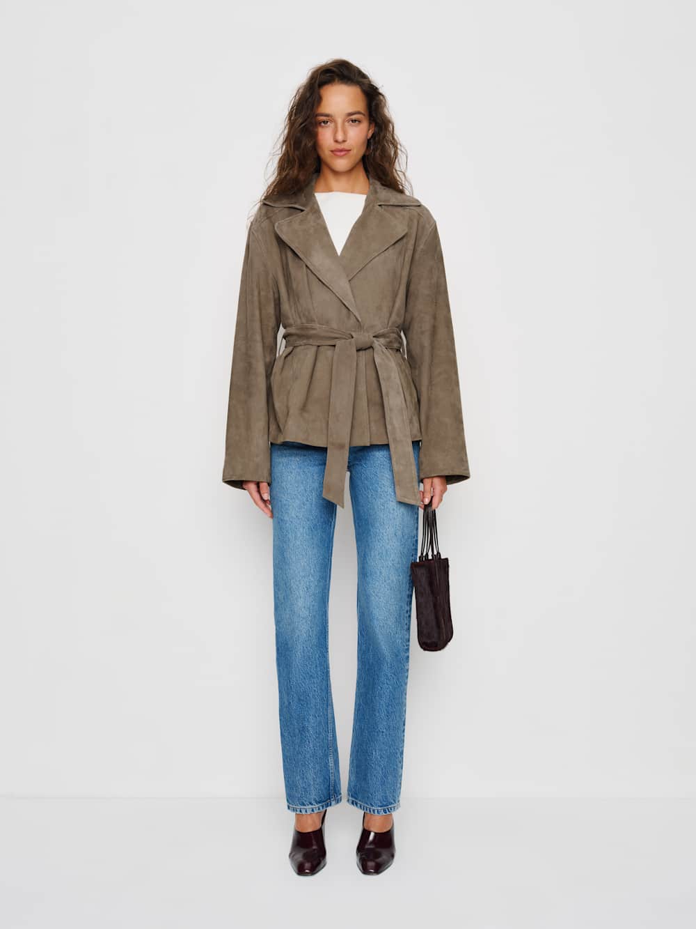 Reformation Veda Jaden Cropped Trench - Mushroom Suede
