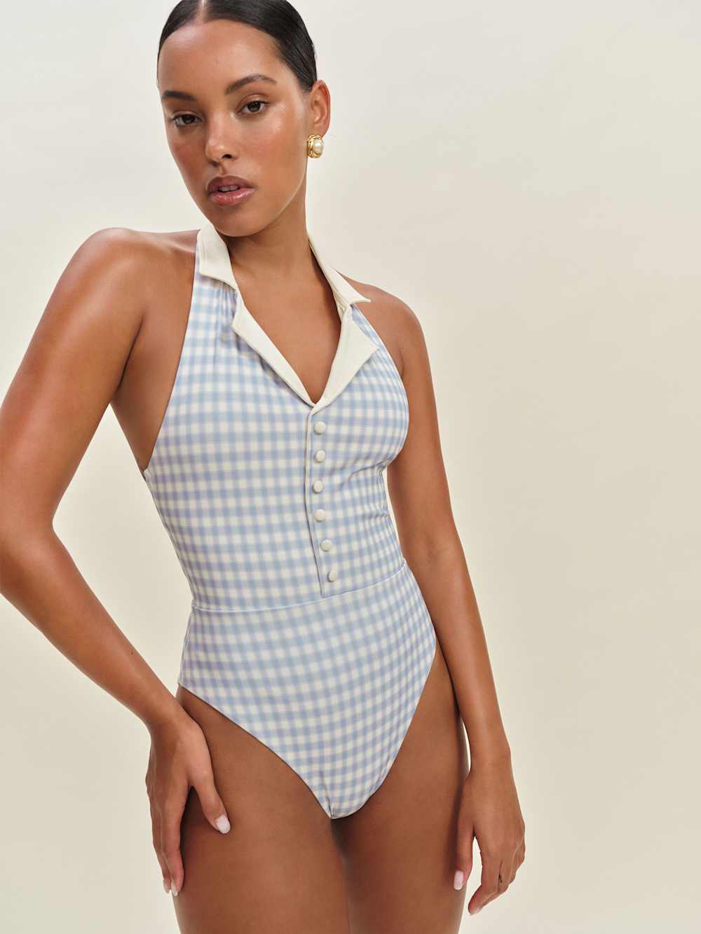 Reformation Lagos One Piece Swimsuit - Crystal Check Fior Di Latte
