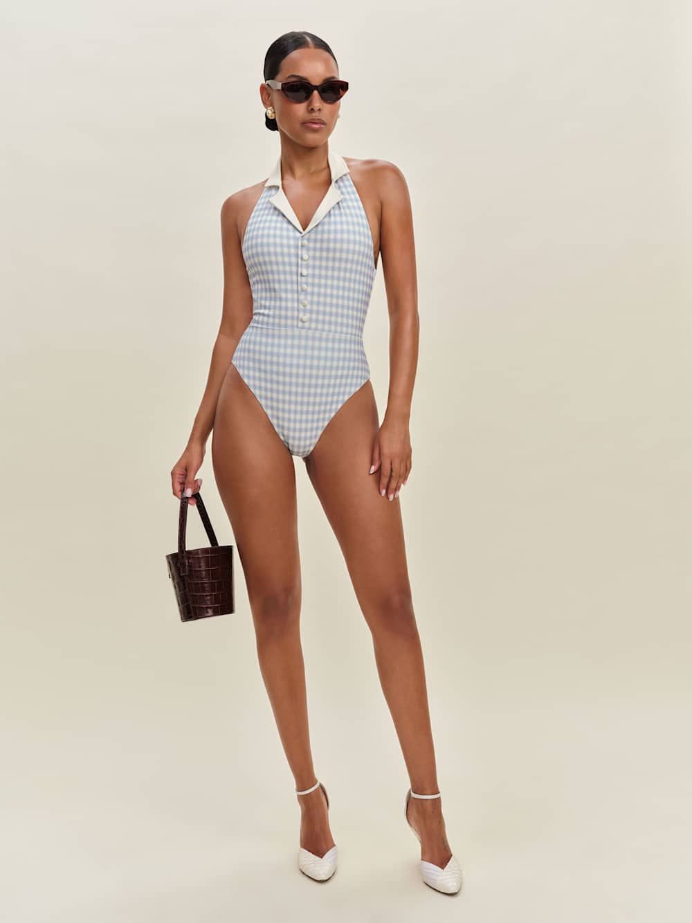 Reformation Lagos One Piece Swimsuit - Crystal Check Fior Di Latte