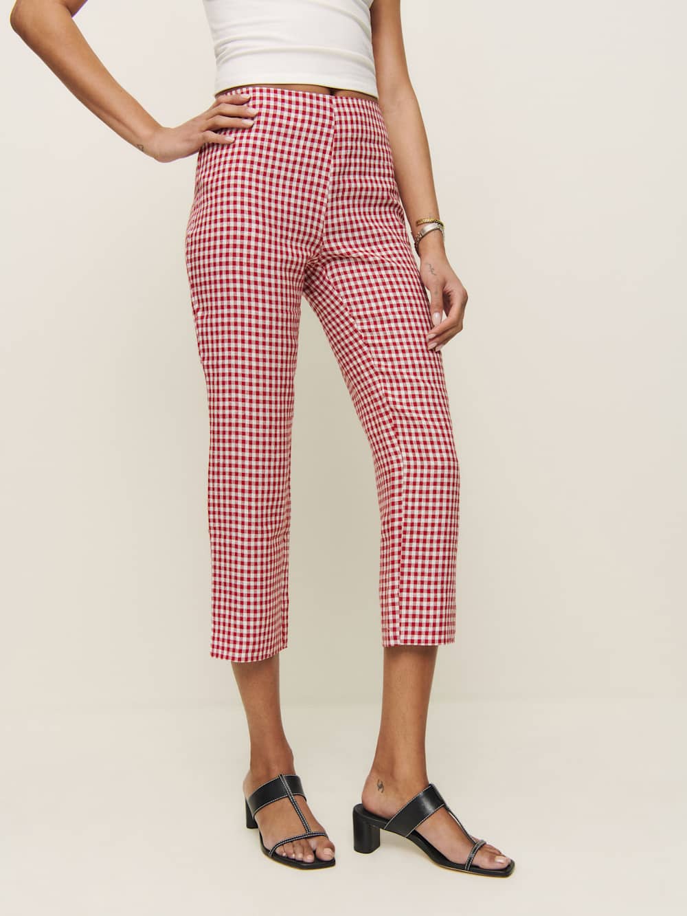Reformation Petites Petra Linen Low Rise Pedal Pusher Pant - Tomato Check