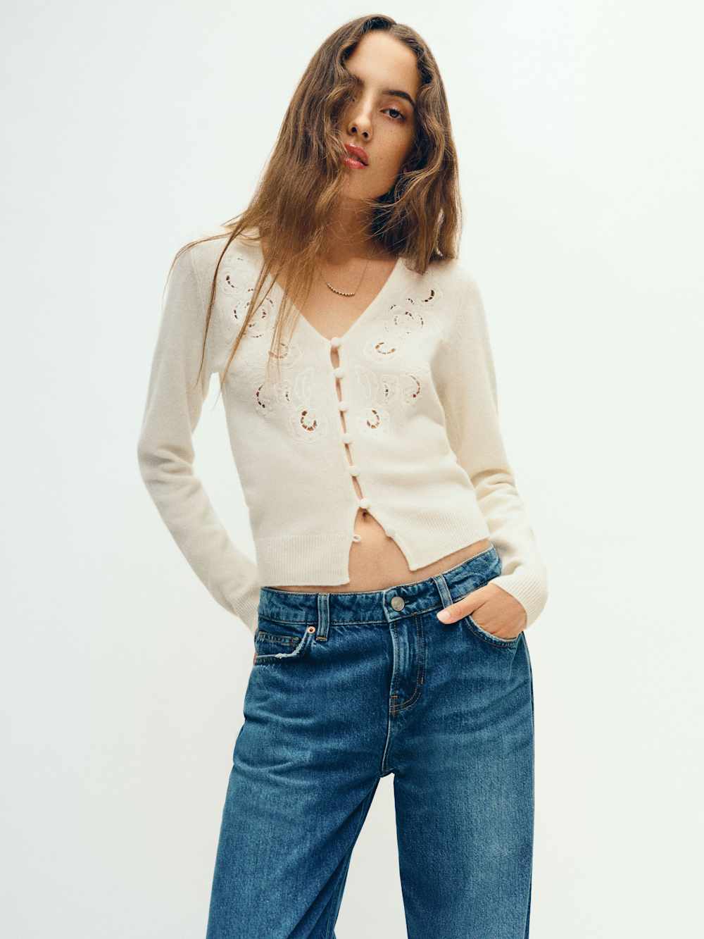 Reformation Lowen Regenerative Wool Embroidered Cardigan - Arctic