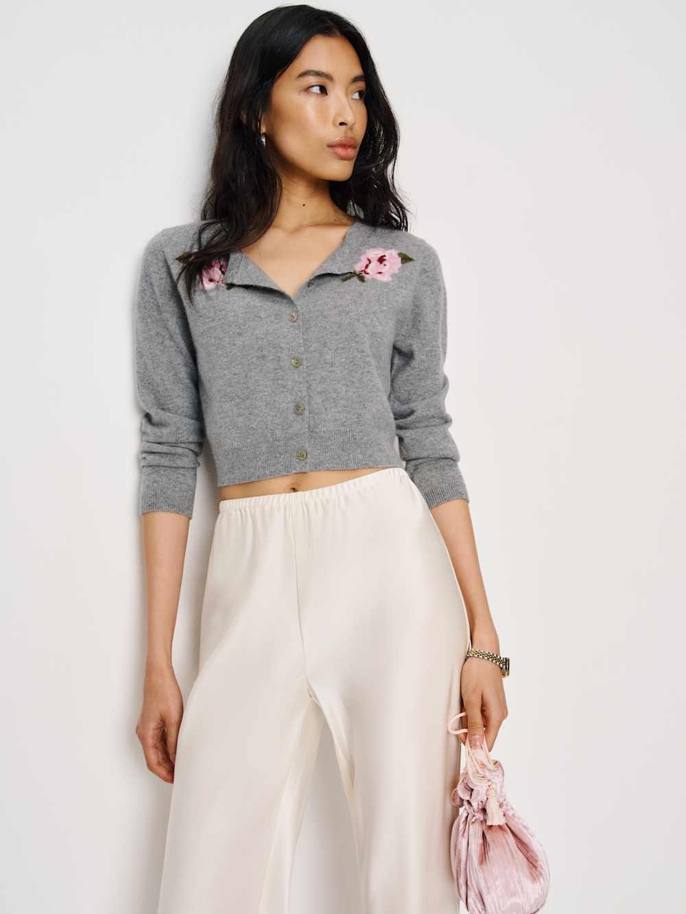 Reformation Gracie Cashmere Crew Cardigan - Floral Embroidery