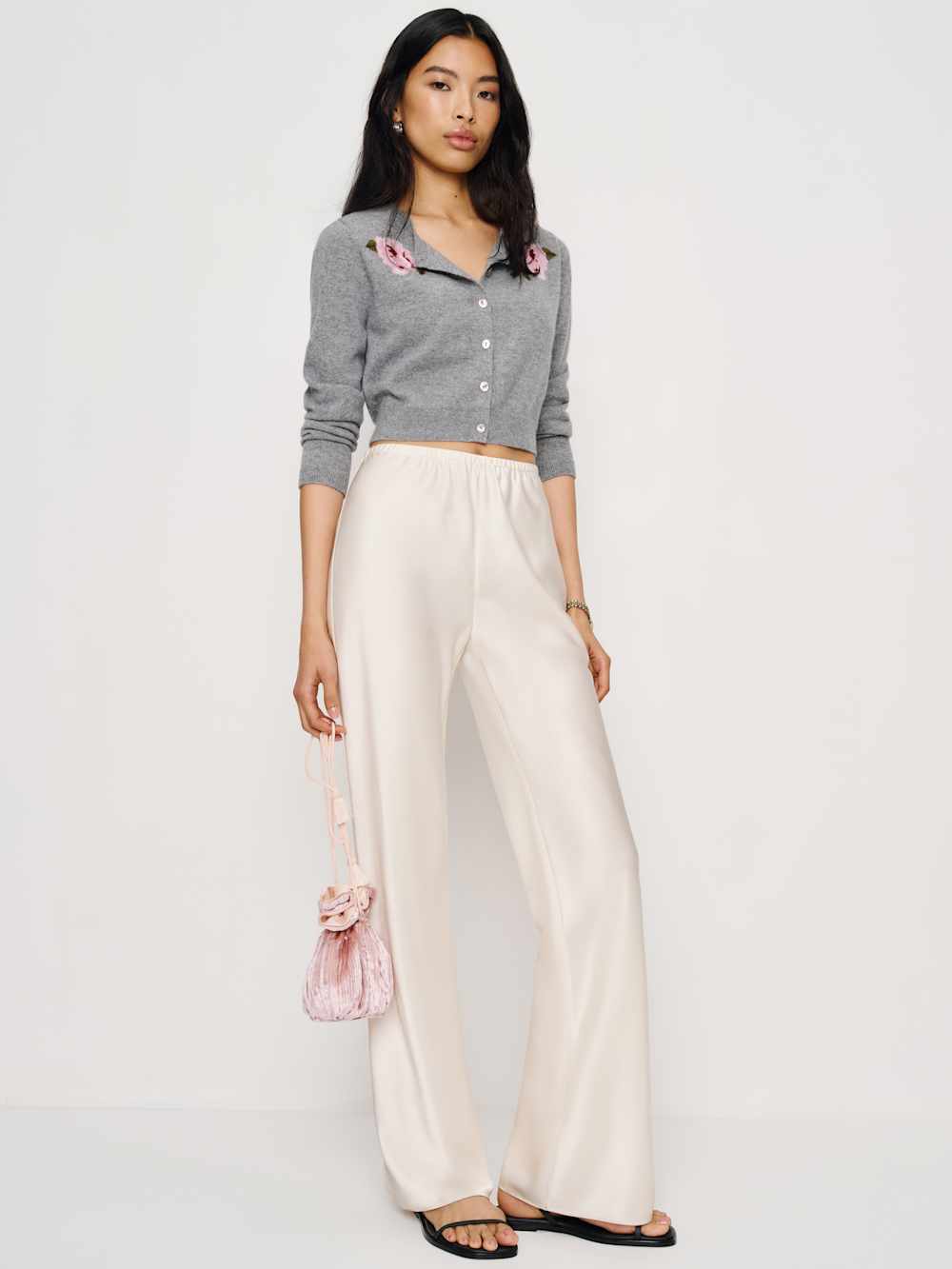 Reformation Gracie Cashmere Crew Cardigan - Floral Embroidery
