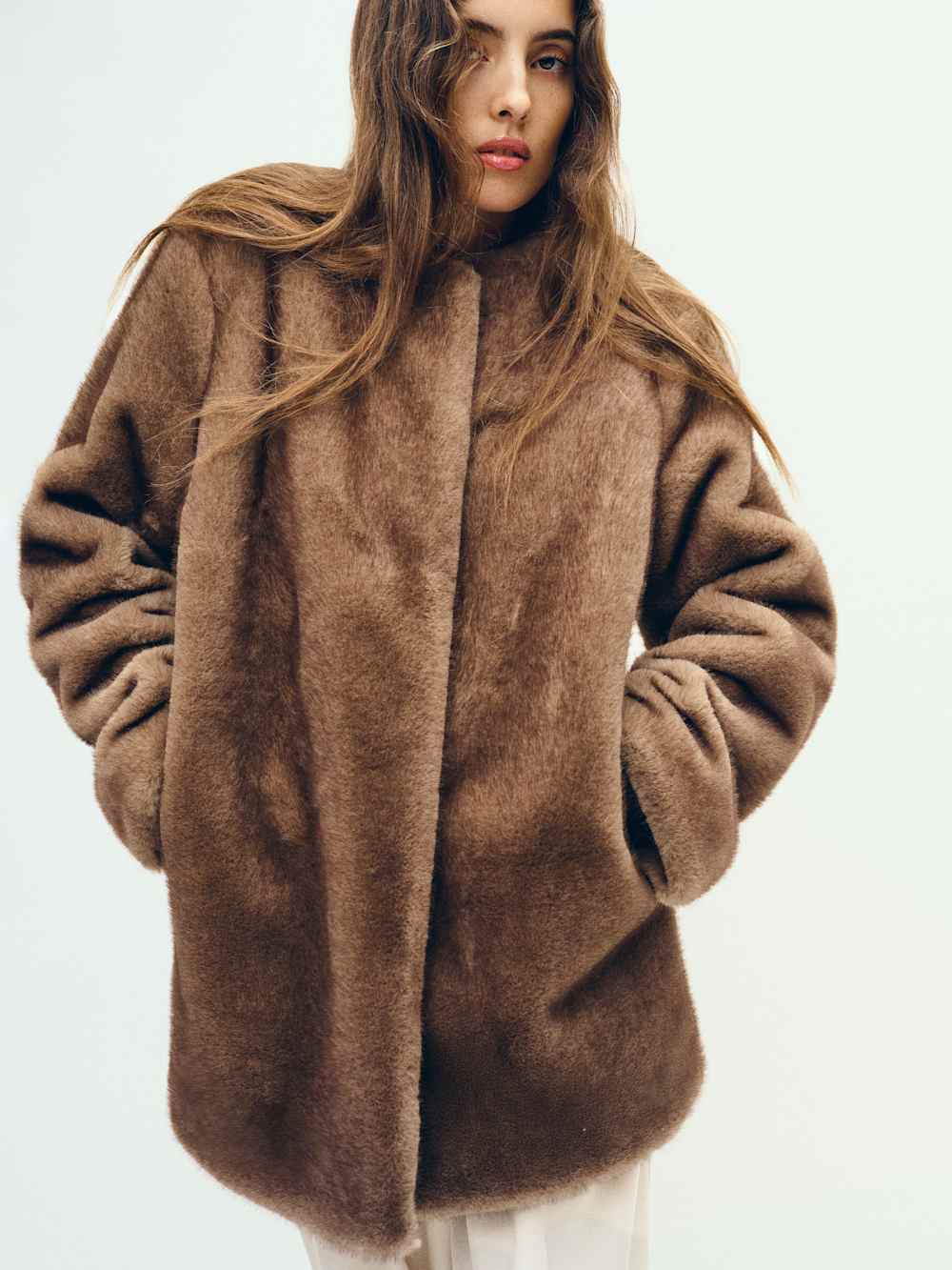 Reformation Devin Faux Fur Coat - Taupe