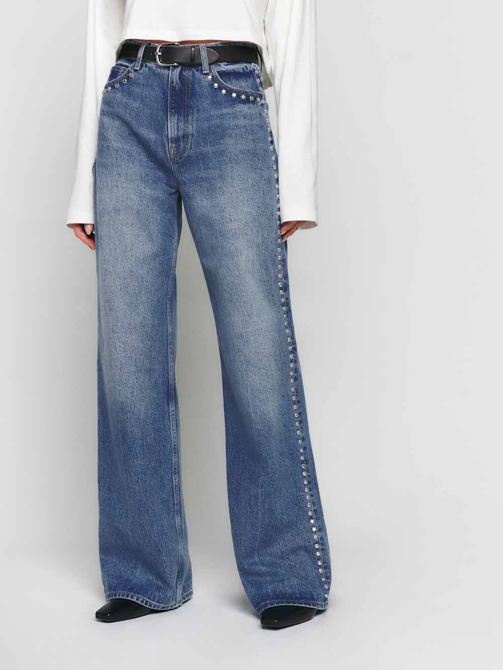 Reformation Cary High Rise Slouchy Wide Leg Long Jeans - Chesapeake Studded