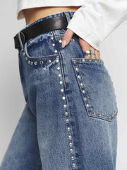 Reformation Cary High Rise Slouchy Wide Leg Short Jeans - Chesapeake Studded