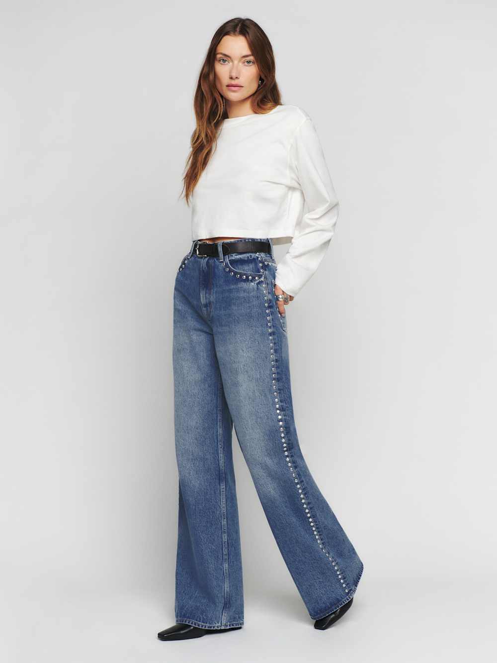 Reformation Cary High Rise Slouchy Wide Leg Short Jeans - Chesapeake Studded